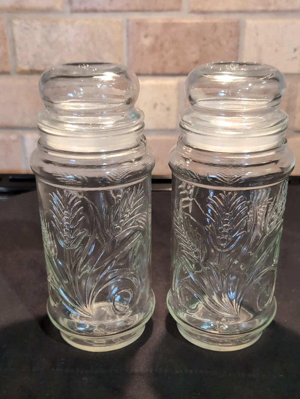 Two (2) 1982 Mr. Peanut Storage Glass Jars With Lids Wheat Stalk Design 8.5